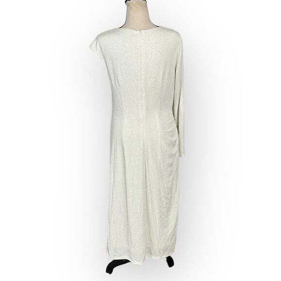 Maggy London Sheath Midi Dress Women's 12 Ivory Glitter Asymmetric Neck Slit - Picture 5 of 8